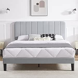 VECELO Queen Size Bed Frame with Adjustable Headboard, Velvet Heavy Duty Platform Beds with Strong Wood Slats Support, No Box Spring Needed, Light Grey