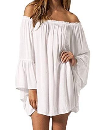 ZANZEA Women's Sexy Off Shoulder Chiffon Boho Ruffle Sleeve Blouse Mini Dress