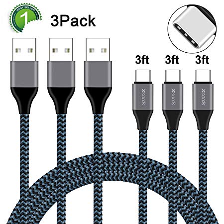 USB Type C Cable, Xcords 3Pack 3FT USB A to USB C Cable, Nylon Braided Fast Charger Cord Compatible Samsung Galaxy S9/S8 Plus/Note 9/8 / Google Pixel/LG V30/V20 / Nintendo Switch (BlackBlue)