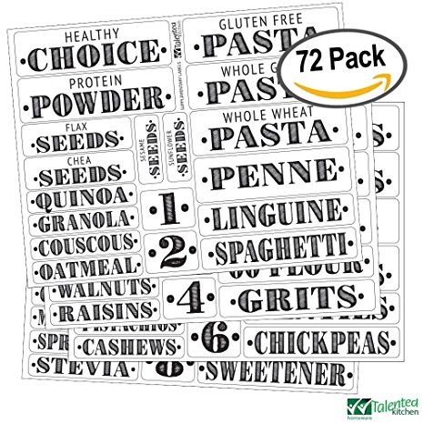Kitchen Pantry Food Organization Clear PVC Gloss Labels by Talented Kitchen. 72 Preprinted Water Resistant Label Set to Organize your Kitchen Cabinet (Set of 72 - Healthy Titles)