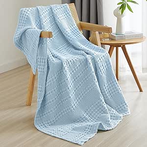 PHF 100% Cotton Waffle Weave Throw Blanket - Lightweight Washed Cotton Throw Blanket for Spring & Summer - 50"x60" Aesthetic Breathable and Skin-Friendly Blanket for Room Decor & Office - Baby Blue