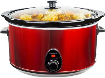 Andrew James 8 Litre Premium Red Slow Cooker with Tempered Glass Lid, Removable Ceramic Inner Bowl and Three Temperature Settings, Includes 2 Year Warranty