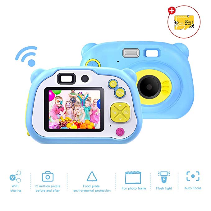 CrazyFire WiFi Kids Camera, 12MP Full HD Digital Children Camcorder with Dual Lens, Toddler Toy Camera with Flash&Auto Focus for Kids Photo Video Record Birthday Gifts (32G TF Card Included )(Blue)