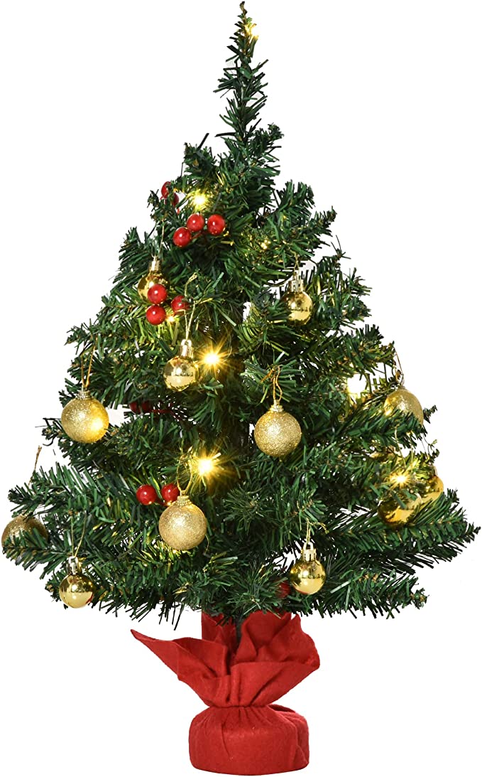 HOMCOM Árbol de Navidad Artificial 60 cm con Luces 73 Ramas Ignífugas y Base de Cemento Decoración Navideña para Mesa Escritorio Oficina Ø20x60 cm Verde