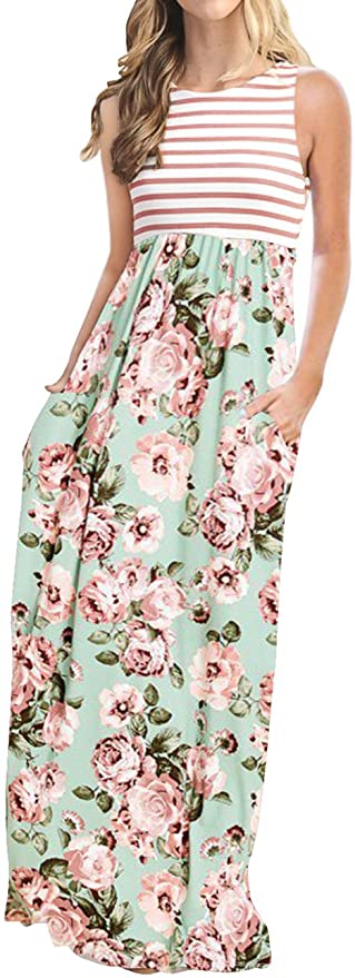 MEROKEETY Women's Striped Floral Print 3/4 Sleeve Tie Waist Maxi Dress with Pockets