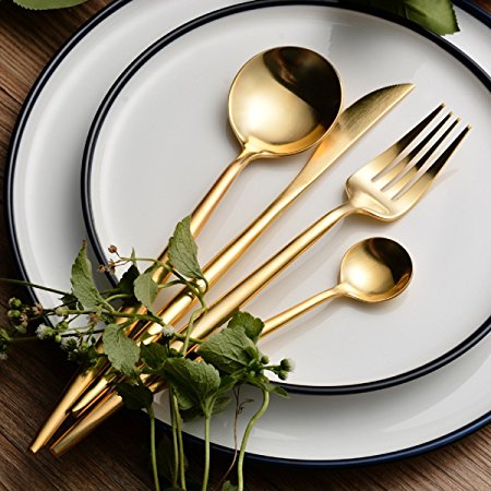 LEKOCH 4-Piece Stainless Steel Flatware Set Including Fork Spoons Knife Tableware (Golden)