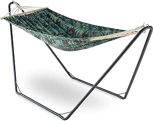 VonHaus 1 Seater Hammock With Frame - Leaf Print 1 Person Garden Hammock with Stand - Tropical Style Portable & Easy Assembly Hammock - Freestanding Hammock with Durable Powder Coated Steel Frame