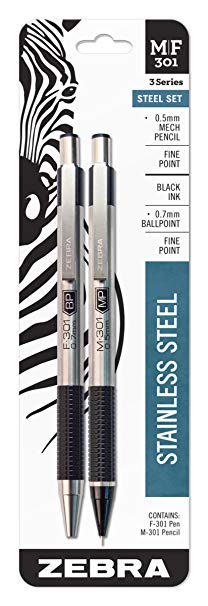 Zebra M/F 301 Stainless Steel Mechanical Pencil and Ballpoint Pen Set, Fine Point, 0.5mm HB Lead Pencil and 0.7mm Black Ink Pen, 2-Count