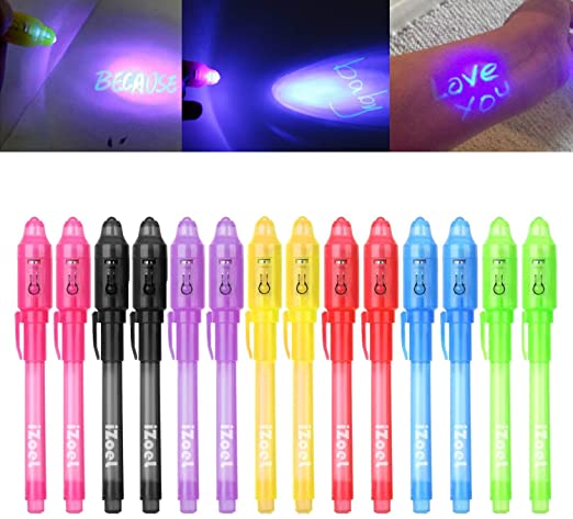iZoeL 14 secret pen with UV light, invisible writing, Spy Invisible UV Pens detective birthday party accessory Party Bags Filler for Boy Kid Girl Children