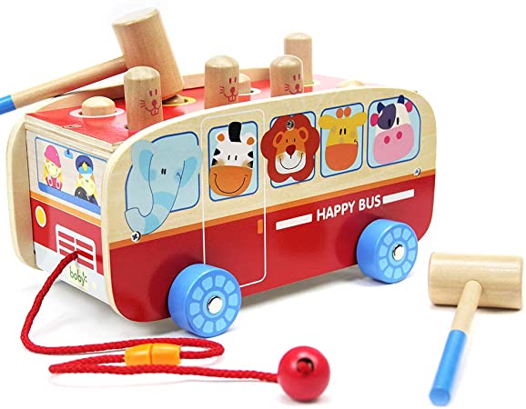 Joyshare Wood Pounding Bench Pull Along Animal Bus Toys Early Educational Development for Toddlers Preschool Kids (Animal Bus)