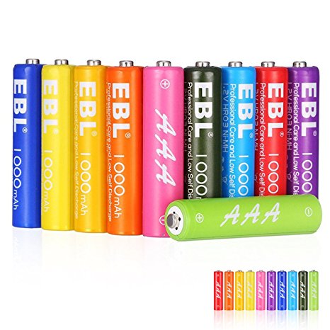 EBL AAA Rechargeable Batteries 1000mAh Deep Cycle New Rainbow Ni-MH Battery, Pack of 10