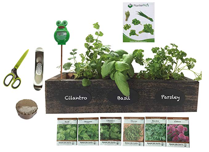 Complete Herb Garden Kit - Cedar Wood Planter, 6 Heirloom Seeds, Soil, Instructions, Free HERB Scissors, Garlic Press & Moisture Meter !! (Wicker Brown)