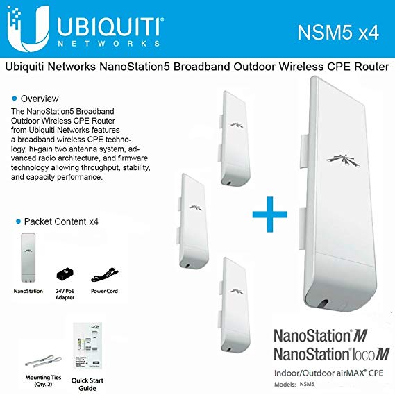 Ubiquiti NSM5 Bundle of 4 NanoStation M5 5GHz Outdoor airMAX CPE 150 Mbps 15 km