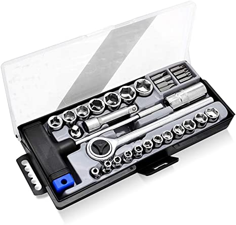YUFANYA 32pcs Car Repair Tool Kit Box Drive Socket Set 3/8-1/4 Inch Wrench Handle Extension Bars Universal Sockets Adapter Wrench Set Quick Release Reversible Ratchet Fit For Car Motorcycle