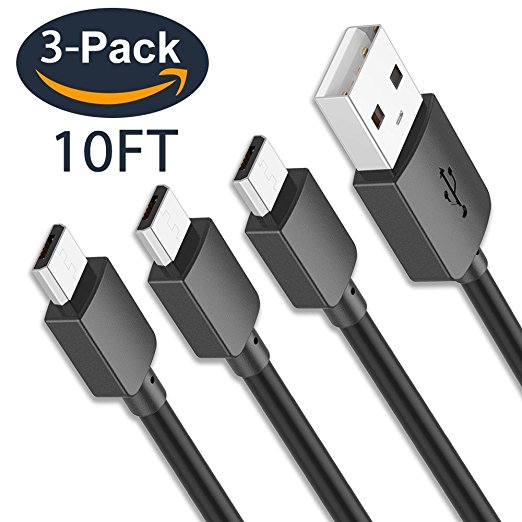 Micro USB Cable, 10FT 3-Pack High Speed 2.0 USB to Micro USB Charging Cables Android Fast Charger Cord for Samsung Galaxy S7 Edge/S6/S5/S4,Note 5/4,LG,Nexus,Android Smartphones and More