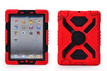 Pepkoo Ipad 2/3/4 Case Plastic Kid Proof Extreme Duty Dual Protective Back Cover with Kickstand and Sticker for Ipad 4/3/2 - Rainproof Sandproof Dust-proof Shockproof (Red/black)