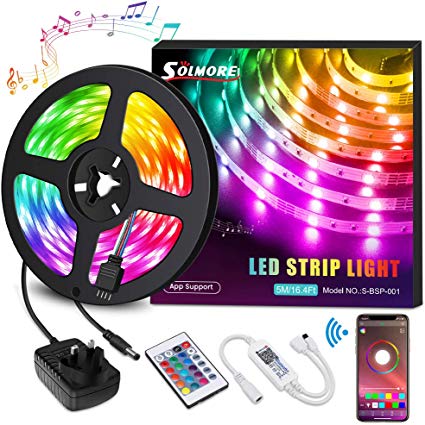 LED Strips Lights, SOLMORE 16 Million Colors Rope Lights Sync with Music 5m/16.4ft SMD5050 RGB Light Strip Kit with Remote & Smart APP Control for Home Decoration Halloween Christmas Wedding Party