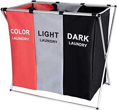 BRIGHTSHOW 135L Laundry Cloth Hamper Sorter Basket Bin Foldable 3 Sections with Aluminum Frame 62cm × 37cm x 58cm Washing Storage Dirty Clothes Bag for Bathroom Bedroom Home (Red Grey Black)