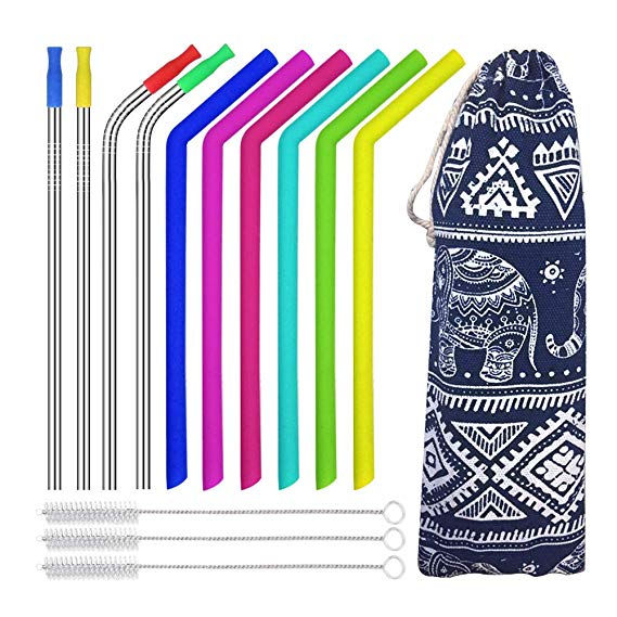 Reusable Straws,Edobil 6 Silicone Straws 4 Stainless Steel Straws 3 Cleaning Brushes 4 Silicone Tips for 30oz / 20oz Tumblers Yeti (Colourful)