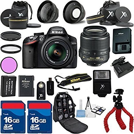 Nikon D3200 Black Camera with Nikon 18-55mm VR Lens Al’s Variety Premium Bundle with Deluxe Backpack   XIT 3Pc Filter Kit   XIT Wide Angle Lens   XIT Telephoto Lens   Spider Flexible Tripod   Extra High Capacity Battery   Extra AC/DC Rapid Charger   2pcs 16GB Bandwidth Memory Cards   24pc Accessory Bundle Kit