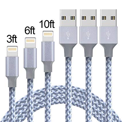 Lightning Cable,AOFU Charger Cables 3Pack 3FT 6FT 10FT to USB Syncing and Charging Cable Data Nylon Braided Cord Charger for iPhone X/8/8Plus/7/7Plus/6/6Plus/6s/6sPlus/5/5s/5c/SE and more-GrayWhite