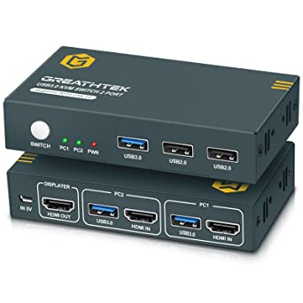 USB 3.0 KVM Switches with 4K@60Hz Ultra HD Resolution, KVM Switch HDMI USB 3.0 Hub, 2 Computers 1 Monitor KVM Switch, Supporting Wireless Keyboard and Mouse, Plug and Play