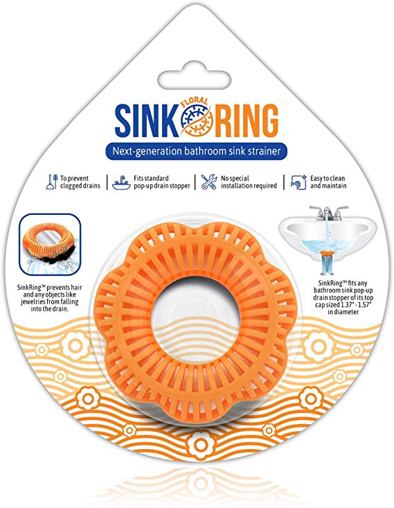 SinkRing The Ultimate Bathroom Sink Drain Protector Hair Catcher/Strainer/Snare, Floral - Orange