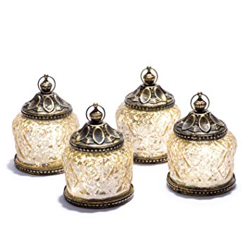 Mini Gold Mercury Glass Lanterns - Set of 4, Warm White LED Lights, 4” Height, Antique Bronze Accents, Battery Operated