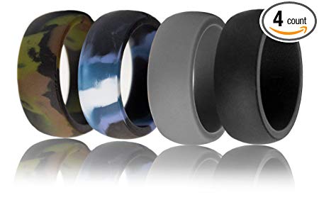 FluxActive Silicone Wedding Ring for Men 4 Rings Pack - Ultra Premium Rubber Bands for Active Men - Camo, Blue, Black, Grey