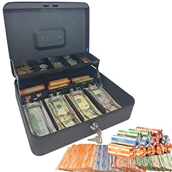 Cash Box with Money Tray and Lock - Safe Money Box Bundle Includes 100 Coin Wrappers - Secure Locking Cash Lock Box for Bills, Coins and Checks, Made by Budgetizer