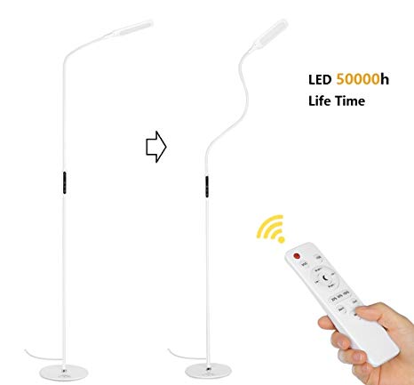 Floor Lamp LED Daylight Standing Eye-Care Energy Saving Remote Control Dimmable with Brightness Adjustment, Flexible Gooseneck for Living Room Bedrooms Study Reading (5 Color Temperatures,5-Level Dimmable,Timer Function, White)