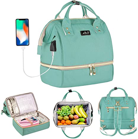 Viedouce Lunch Bag Backpack Small Diaper Bag with USB Charging Port, Mint Green