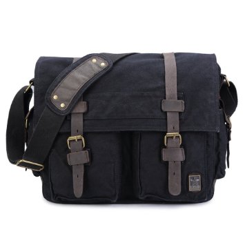 sulandy@ New Style Vintage Canvas Large Unisex Messenger Shoulder Bag Leather Trim School Military Shoulder Bag Messenger Bag (black(large))