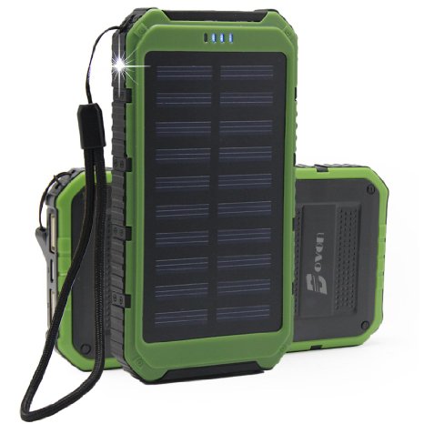 Solar Charger, Bovon® Portable 10000mAh Dual USB Solar Battery Charger Rain-Resistant Shockproof Solar Phone Charger for iPad/iPhone/Android/GoPro Camera/GPS with LED Light for Outdoor Camping (Green)