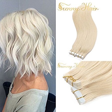 Sunny 16" Tape in Hair Extensions Platinum Blonde #60 20pcs 50G Remy Human Hair Extensions Blonde