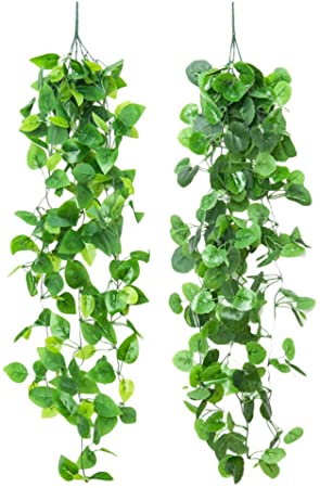 DOITOOL 2Pcs Artificial Hanging Plant Plastic Lifelike Rattan Basket Fake Ivy Vine Simulation Green Plant Wall Hanging Adornment for Wall Home Garden Indoor Outdoor Decor