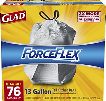 Glad ForceFlex Drawstring Tall Kitchen Trash Bags, Unscented, 13 Gallon, 76 Count