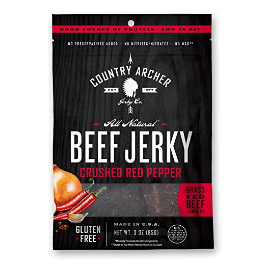 Country Archer 100% Grass-Fed Gluten Free Beef Jerky, Crushed Red Pepper, 3 Ounce