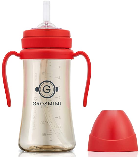 Grosmimi Spill Proof no Spill Magic Sippy Cup with Straw with Handle for Baby and Toddlers, Customizable, PPSU, BPA Free 10 oz (Red)