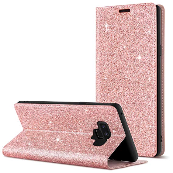 BENTOBEN Galaxy Note 9 Credit Card Case, Galaxy Note 9 Case, Luxury Bling Glitter Sparkly PU Faux Leather Flip Wallet Credit Card Holder Slim Phone Cover with Kickstand for Women, Girls – Rose Gold