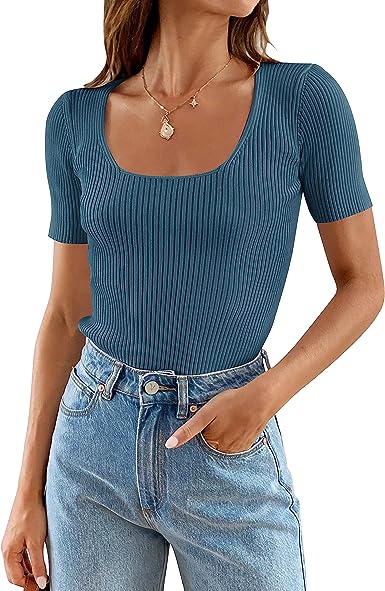 ZESICA Women's 2023 Short Sleeve Square Neck T Shirts Slim Fitted Summer Ribbed Knit Basic Casual Tee Tops