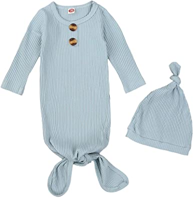 Emmababy Newborn Baby Girl Boy Knit Sleeper Gown Cotton Knotted Nightgown Soft Sleepwear Pajamas with Hat Set
