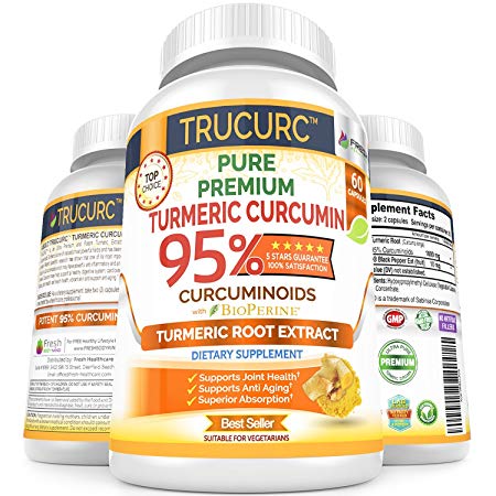 TRUCURC Turmeric Curcumin Max Potency - Pure 95% Curcumin Extract – Max Strength Tumeric Supplement for Anti-Inflammatory Joint Pain Relief w/Bioperine Black Pepper for Best Absorption - 60 Capsules