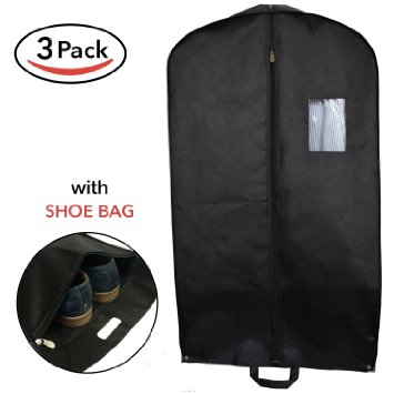 Set of 3 Breathable Garment Bags for Travel and Storage - Clothes Covers and Carriers for Men Suit, Dresses, Linens - Foldable with Handles, Gusset, Zipper and Clear Window (Black)