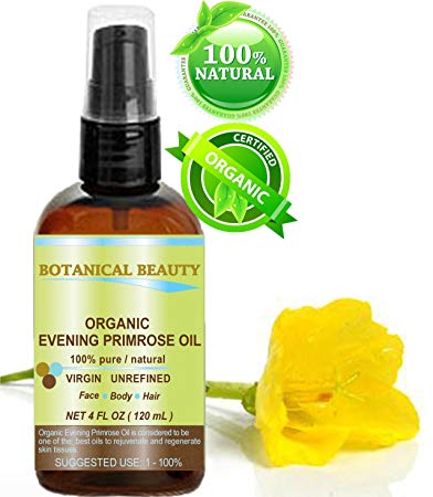 ORGANIC EVENING PRIMROSE OIL. 100% Pure / Natural / Undiluted / Unrefined /Certified Organic/ Cold Pressed Carrier Oil. Rich antioxidant to rejuvenate and moisturize the skin and hair. 4 Fl.oz - 120ml. by Botanical Beauty