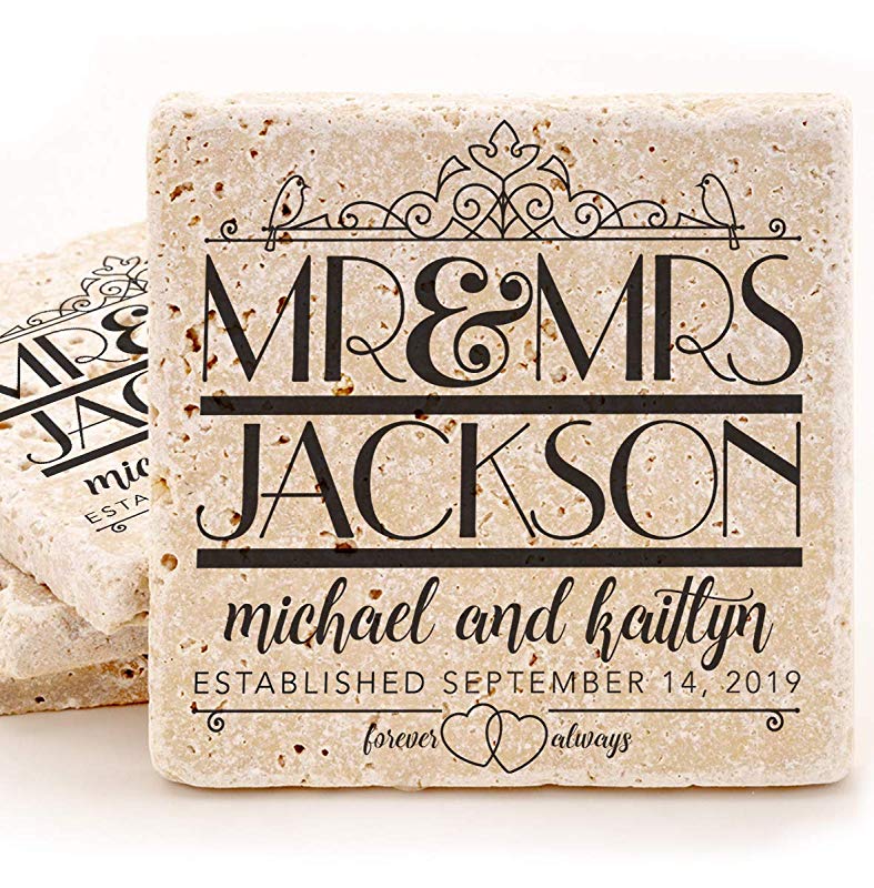 Personalized Stone Coaster Set of 4 - Customized With the Last Name, First Names and the Date. Choose Your Ink Color - Makes a Great Wedding or House Warming Gift Under $25