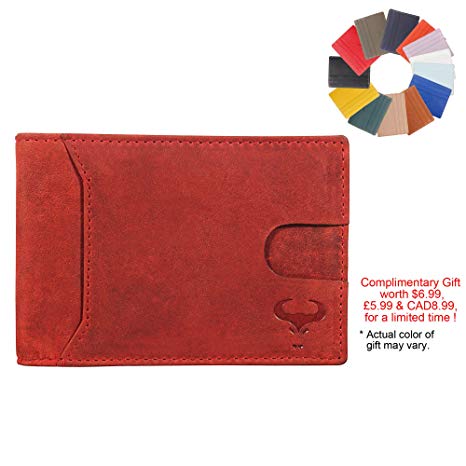 Genuine Leather Bifold Wallet for Men - Slim Design - Front Pocket Purse - RFID (Crimson Red)