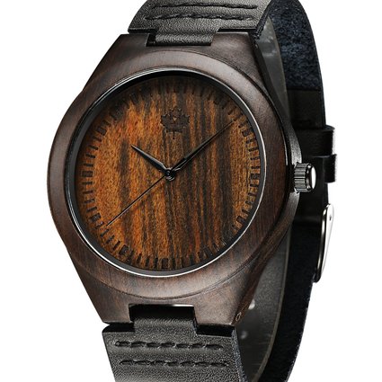 Tamlee Genuine Leather Men's Wooden Quartz Watch -Black Sandalwood