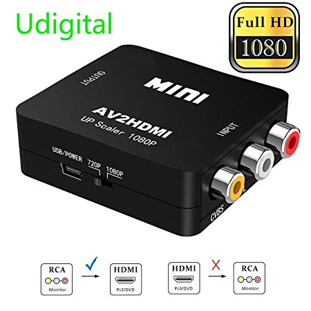 RCA to HDMI, AV to HDMI,Udigital 1080P Mini RCA Composite CVBS AV to HDMI Video Audio Converter Adapter Supporting PAL/NTSC with USB Charge Cable for PC Laptop Xbox PS4 PS3 TV STB VHS VCR Camera DVD