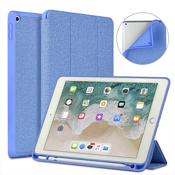 New iPad 9.7 2018/2017 Case with Pencil Holder, Soke Slim Fit iPad Case Trifold Stand with Shockproof Soft TPU Back Cover and Auto Sleep/Wake Function for iPad 9.7 inch 5th/6th Generation, Sky Blue